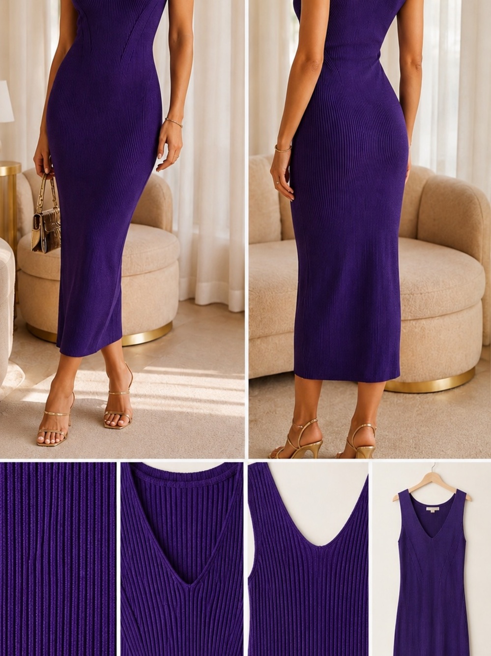 Michael Kors Deep Purple Ribbed Knit Midi Dress